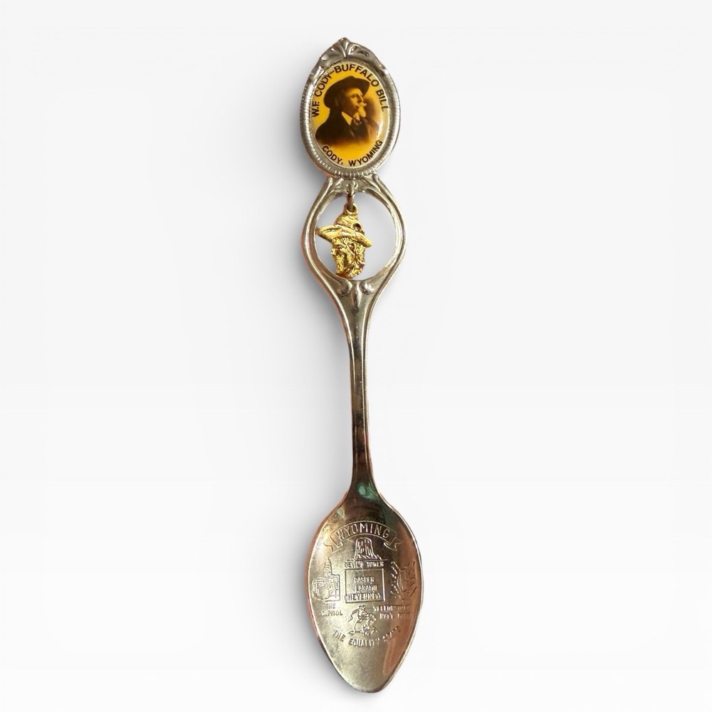 Vintage Wyoming Buffalo Bill W.F. Cody Souvenir‎ Spoon Gold Tone Charm Wyoming